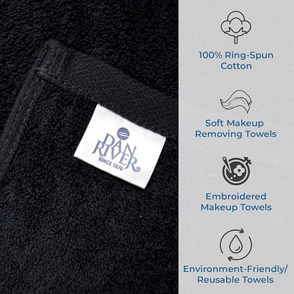 DAN River Black Makeup Towels - Pack of 6 (13x13 in) - Ultra Soft Cotton Face Towels with Embroidery - Reusable, Quick-Dry & Machine Washable Makeup Remover Cloths for Bathroom, Spa & Salon