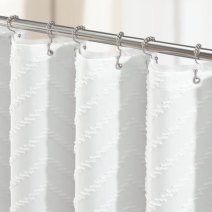 Dynamene Stall Shower Curtain and Liner Set - 54 x 78 inch Long Boho Shower Curtain and Waterproof Clear Liner, Tufted Chevron Striped Tassel Shower Curtains for Bathroom, 10 Hooks, 54x78, White