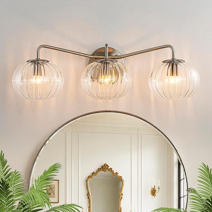 Lingkai 3 Light Bathroom Light Fixtures,Brushed Nickel Modern Vanity Lights with Clear Striped Glass Shades,Bathroom Vanity Lighting Over Mirror for Living Room Dinning Room Bedroom