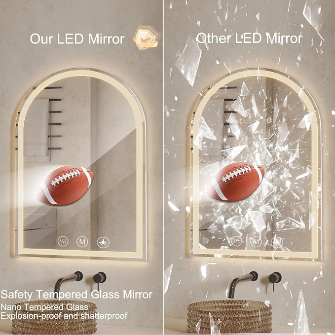 Arched LED Bathroom Mirrors with Lights 30"x40" Anti-Fog,LED Mirrors with Light, Anti-Fog, Dimmable, 3 Color, Shatterproof, Touch Sensor