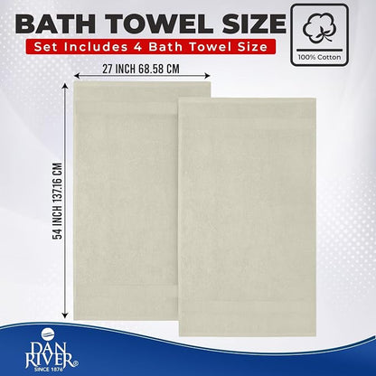 DAN RIVER 600 GSM Cotton Large Bath Towels Set of 4, 27 x 54 Inches, Ivory | Larger & Lighter Weight Towels for Bathroom - Highly Absorbent & Quick Dry 100% Cotton Bath Towel Set for Home, Spa & Hotel