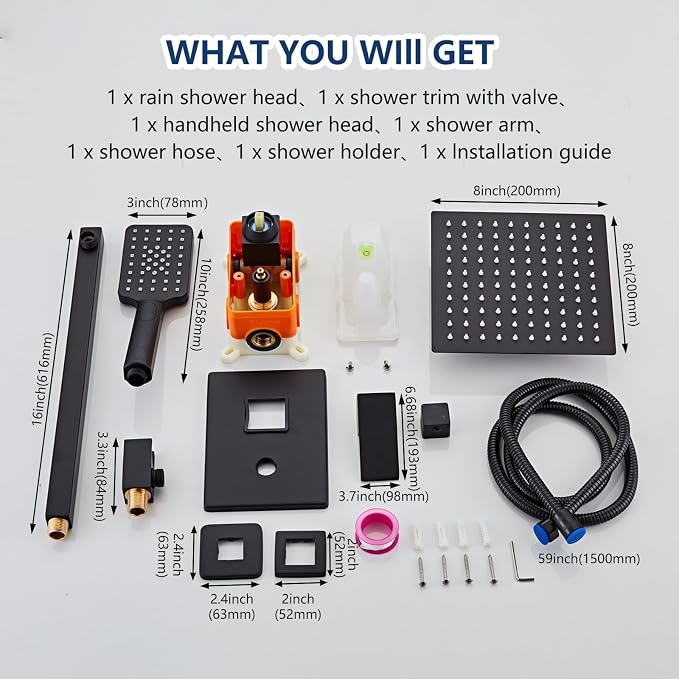 8 Inch Shower System with Tub Spout, Black Shower Faucet Set for Bathroom, Square High Pressure Shower Head, 2-Setting Handheld Faucets Sets, Wall Mounted Rainfall Shower Valve Kit