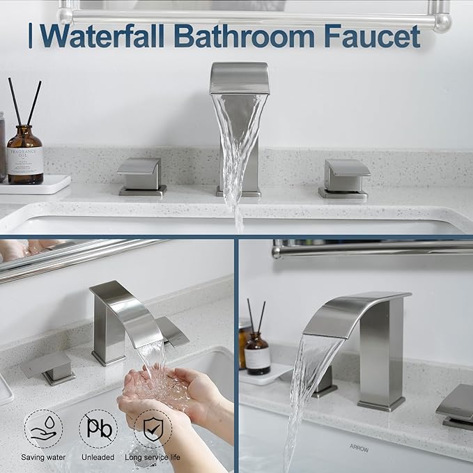 Waterfall Bathroom Faucet, 3 Hole Widespread, Brushed Nickel, 8 Inch, 2-Handles, Pop-Up Drain, Modern, Bathroom Sink, Bathtub, Vanity, RV, Farmhouse Sink