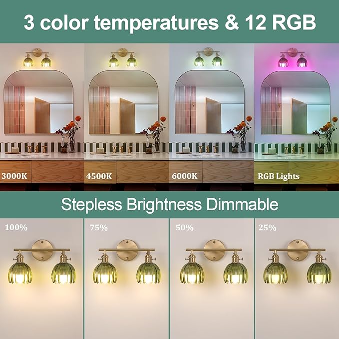 Battery Operated Bathroom Light Fixtures, 2-Light Brass Vanity wall Light with 5000mAh Rechargeable Bulb Over Mirror with Green Tulip Glass Shade for Bedroom Living Room