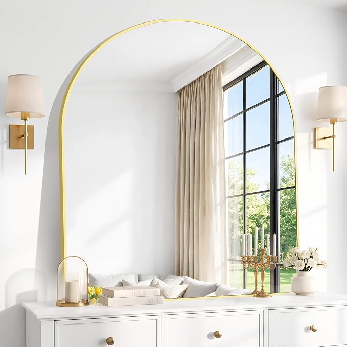 BONEWEI Arched Wall Mirror,36x40 inch Gold Arched Mirror Bathroom,Vanity Mirror for Over Sink Metal Frame,Tempered Glass Arch Mirrors for Bedroom,Entryway,Living Room,Home Decor Shatter-Proof