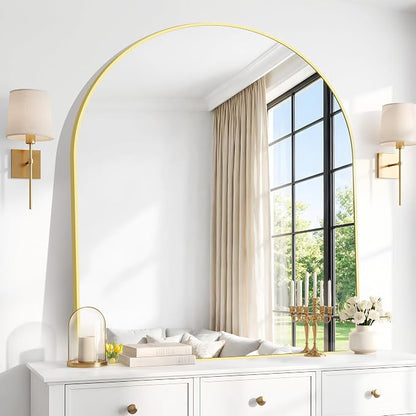 BONEWEI Arched Wall Mirror,36x40 inch Gold Arched Mirror Bathroom,Vanity Mirror for Over Sink Metal Frame,Tempered Glass Arch Mirrors for Bedroom,Entryway,Living Room,Home Decor Shatter-Proof