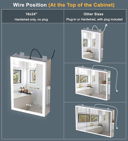 24x30 Inch Medicine Cabinet with Lights, AL Alloy Frame, Plug-in or Hardwired, Recessed or Surface Mount, 3 Colors/Dimmable/Interior Light/Defog, 2 Outlets & USBs, 2 Shelves (Right Hinge)