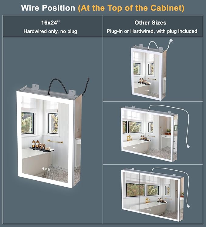 30x32 Inch Lighted Medicine Cabinet, AL Alloy Frame, Plug-in or Hardwired, Recessed or Wall Mount, Mirror Doors/3 Colors/Dimmable/Interior Sensor Light/Anti-Fog, 2 Outlets &USBs, 3 Shelves
