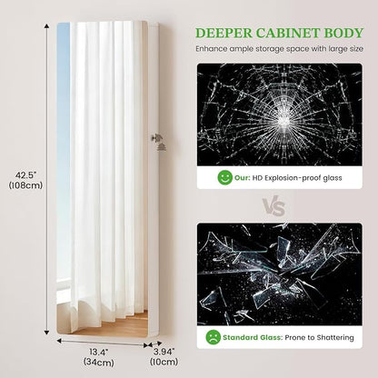 HNEBC Jewelry Cabinet with Lights,Wall Mounted Jewelry Organizer with Full-Length Mirror,Over The Door Hanging Jewelry Armoire Storage Cabinet,Lockable,Gift Idea,White