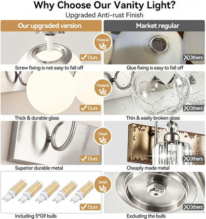 5 Lights Vintage Bathroom Vanity Light Fixtures Over Mirror, Brushed Nickel Vanity Lights For Bathroom With Milk White Glass Globe Shade, Wall Lights For Bedroom, Hallway, Dressing Table(G9 Incl.)
