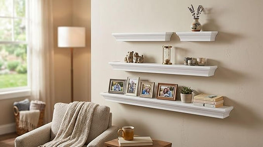 MELANNCO Floating Wall Shelves Set of 4, White Wood Display Shelves for Wall, Includes 6, 12, 20 and 24 Inch Sizes with Raised Edges and Mounting Hardware for Room Decor, Home Decor