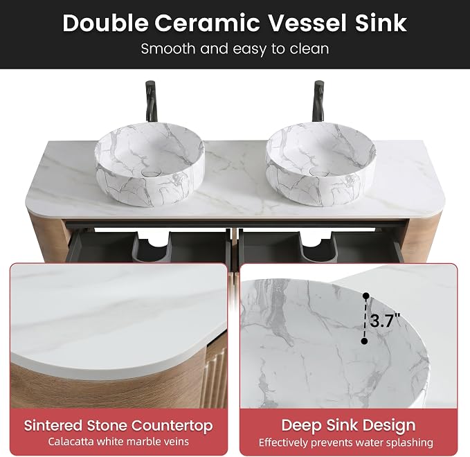 60" Floating Bathroom Vanity with Carrara Finish Sink, Honey Oak | Pre-Assembled Fluted Wall Mounted Double Sink Vanity with Sintered Stone Countertop, Soft-Close Drawers & Towel Rack