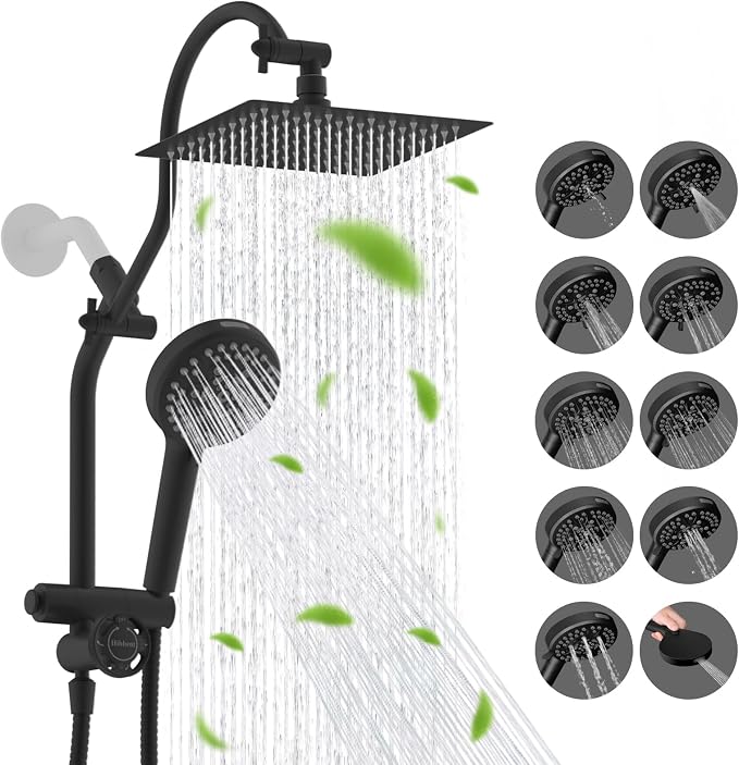 Hibbent High Pressue All Metal 8" Rainfall Shower Head, Handheld 10-Spray | cUPC Certified Matte Black Dual Showerhead Combo, 4-way Diverter with Pause Mode, Brass Extension Arm, 71'' Hose & Holder