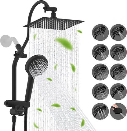 Hibbent High Pressue All Metal 8" Rainfall Shower Head, Handheld 10-Spray | cUPC Certified Matte Black Dual Showerhead Combo, 4-way Diverter with Pause Mode, Brass Extension Arm, 71'' Hose & Holder