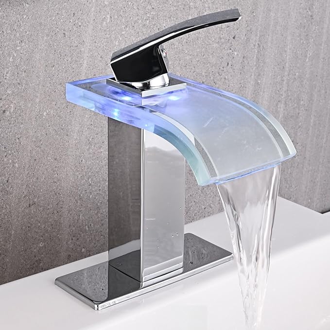 LED Bathroom Sink Faucet, Chrome Waterfall Single Hole Handle Vanity Faucets for Sinks 1 Hole with Metal Pop Up Drain and 2 Water Supply Lines, Wide Glass Spout