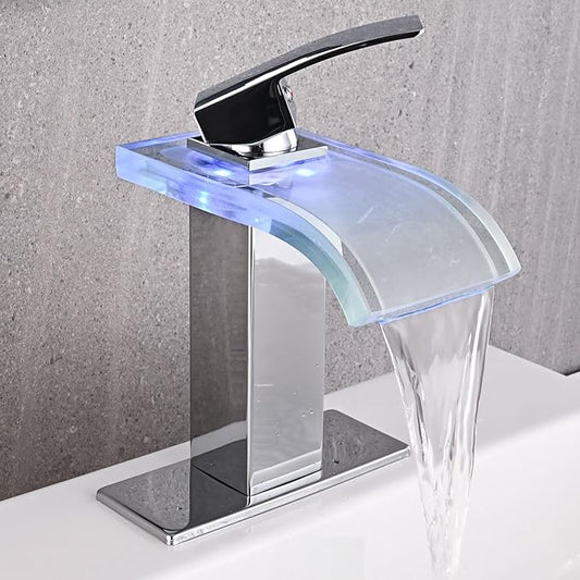 LED Bathroom Sink Faucet, Chrome Waterfall Single Hole Handle Vanity Faucets for Sinks 1 Hole with Metal Pop Up Drain and 2 Water Supply Lines, Wide Glass Spout