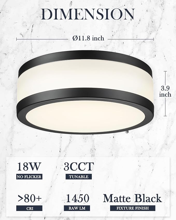 12 Inch Black LED Flush Mount Ceiling Light, Modern 18W Dimmable Semi Flush Mount Round Ceiling Light for Bedroom, Kitchen, Hallway, Bathroom, 5CCT, LMS-054CL-BKS