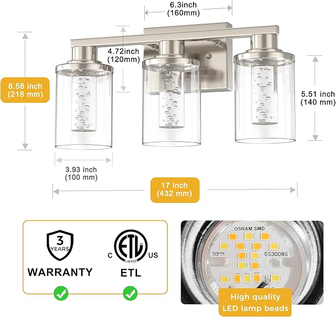 L LOHAS LED 3-Light Bathroom Vanity Light, Nickel, 5CCT, Remote Control | 5CCT Dimmable Acrylic Bathroom Light Fixtures with Clear Glass Shades and Remote Control