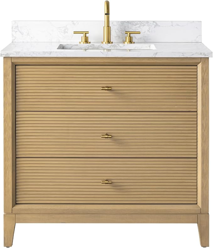 Vanity Art 36" Bathroom Vanity with Single Sink & Arabescato White Engineered Stone Top, Vanity Cabinet with Soft Closing Door, Solid Wood Frame, Golden Brushed Handles, Natural Oak VA8136-NO-GB