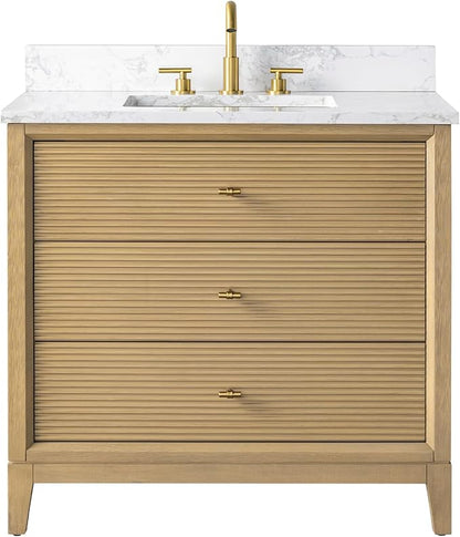 Vanity Art 36" Bathroom Vanity with Single Sink & Arabescato White Engineered Stone Top, Vanity Cabinet with Soft Closing Door, Solid Wood Frame, Golden Brushed Handles, Natural Oak VA8136-NO-GB