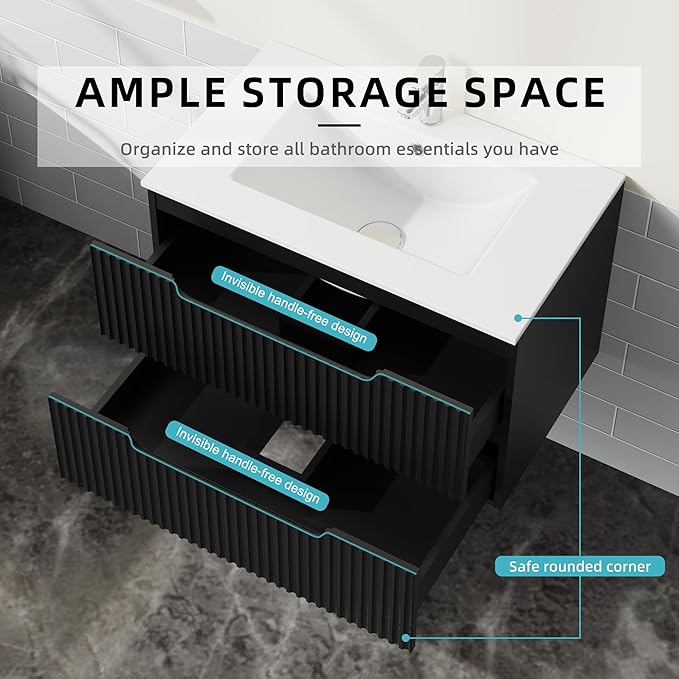 30 inch Wall Mounted Bathroom Vanity with Sink Floating Bathroom Cabinet Sink Combo, Soft-Close System, 2 Extra Big Drawers, Black