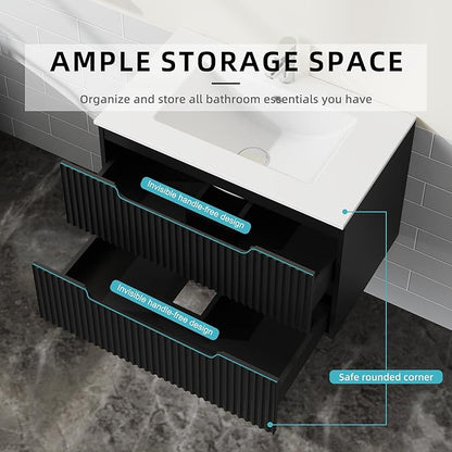 30 inch Wall Mounted Bathroom Vanity with Sink Floating Bathroom Cabinet Sink Combo, Soft-Close System, 2 Extra Big Drawers, Black