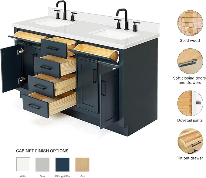 ARIEL Hepburn 60-inch Bathroom Vanity with Sink,Solid Wood, 1.5-inch Pure White Quartz Countertop, Double Rectangular Porcelain Sink, 4 Soft Closing Doors, 6 Dovetail Drawers, Midnight Blue
