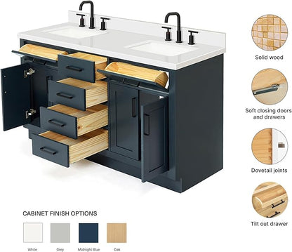ARIEL Hepburn 60-inch Bathroom Vanity with Sink,Solid Wood, 1.5-inch Pure White Quartz Countertop, Double Rectangular Porcelain Sink, 4 Soft Closing Doors, 6 Dovetail Drawers, Midnight Blue
