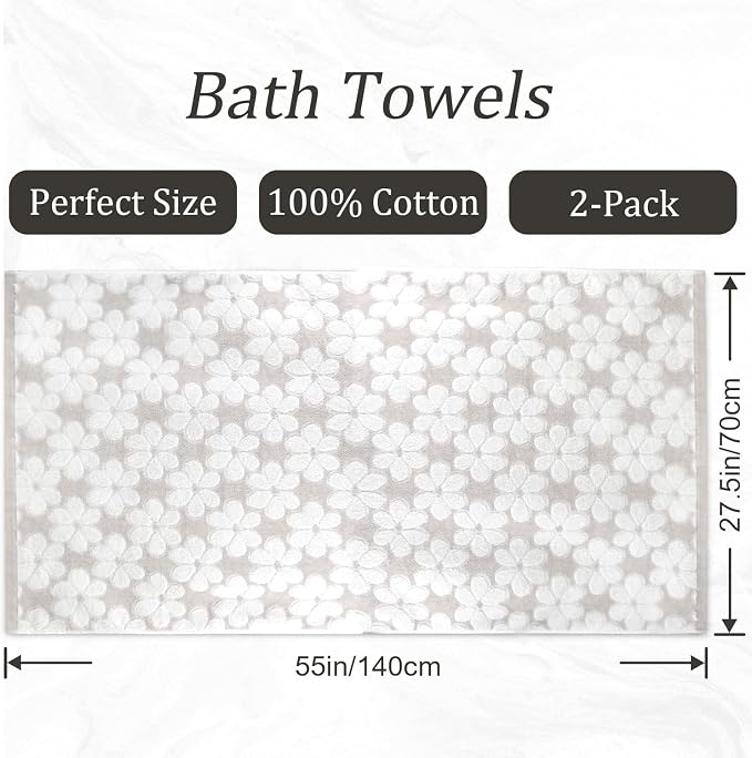 Soft Bath Towels 2 Pack, Super Absorbent Shower Towels 27.5x55 Inches | Cute Floral Jacquard Bathroom Set, Cotton, Light Beige
