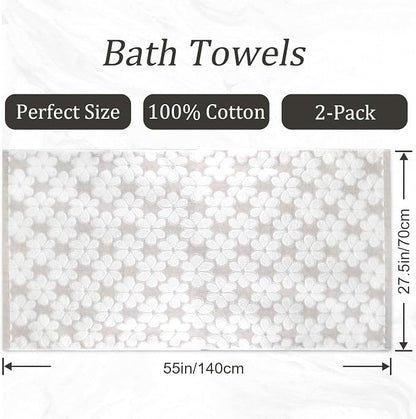 Soft Bath Towels 2 Pack, Super Absorbent Shower Towels 27.5x55 Inches | Cute Floral Jacquard Bathroom Set, Cotton, Light Beige