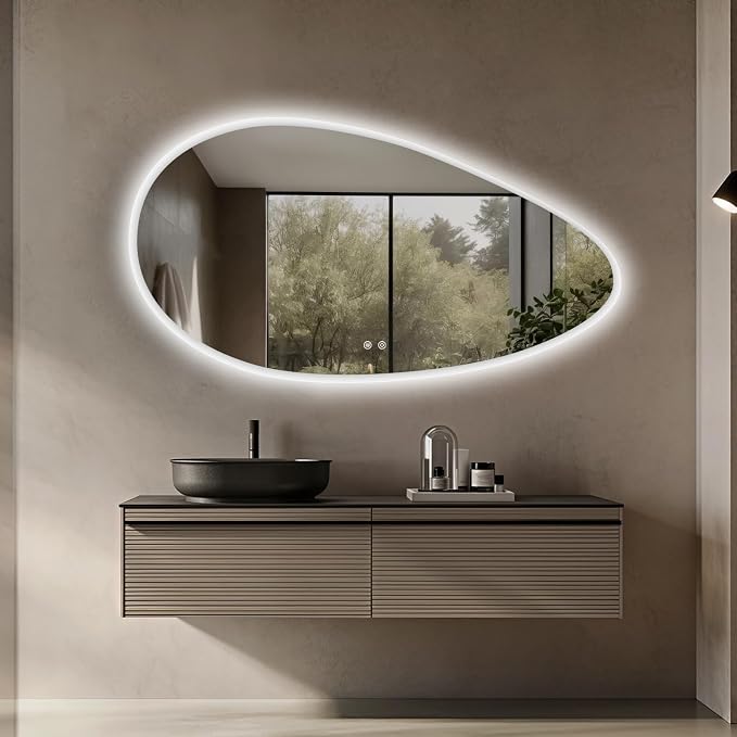 Niccy Irregular LED Bathroom Mirror with Lights, 27x51 Asymmetrical Backlit-Mirror for Wall Mounted, Bathroom Vanity Mirrors with Memory, Dimmable, 3 Colors, Anti-Fog, IP65 Waterproof