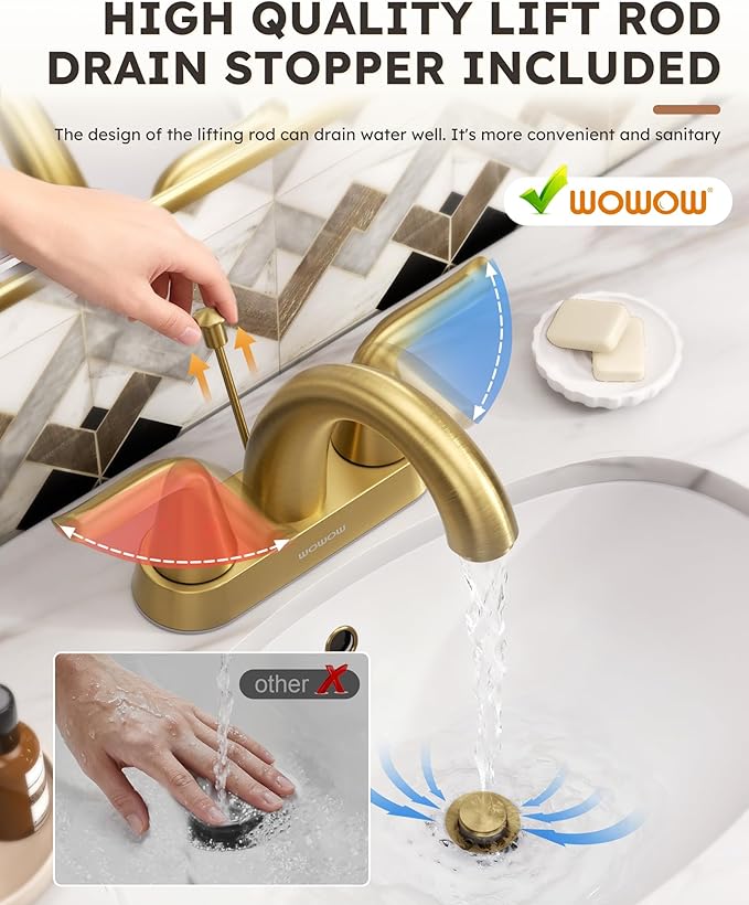 WOWOW 4 Inch Bathroom Sink Faucet - Brushed Gold Centerset Vanity Faucet with Lift Rod Drain Modern Mixer Tap for Rv Sink