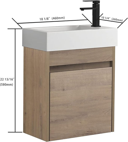 18" Bathroom Vanity with Sink Combo, Wall Mounted Floating Vanity Cabinet for Small Bathroom, Soft-Close Door, Ight dern Farmhouse Vanity with Waterproof Plywood