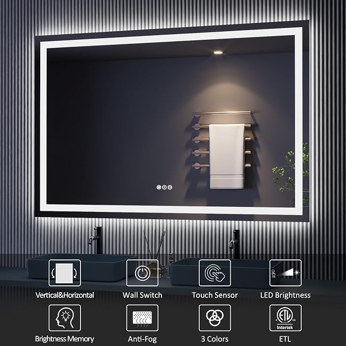 LED Bathroom Mirror, 60"X36" with Front Light and Backlit | Stepless Dimmable, Anti-Fog, Shatter-Proof, HD Reflection, Memory, 3 Colors Lighting, UL Listed (Horizontal/Vertical).