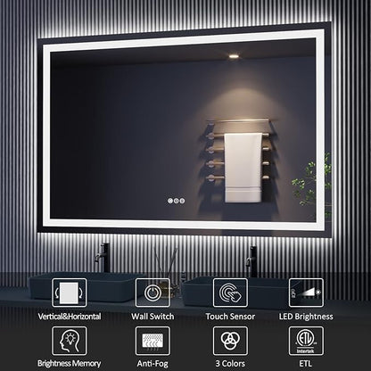 LED Bathroom Mirror 48"X32" with Front Light and Backlit | Stepless Dimmable, Anti-Fog, Shatter-Proof, HD Reflection, Memory, 3 Colors Lighting, UL Listed (Horizontal/Vertical).