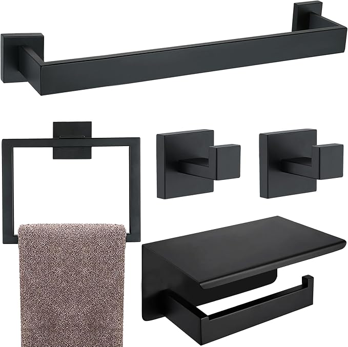 5 Pieces Bathroom Hardware Accessories Set Matte Black, 16Inch Square Towel Racks Set for Bathroom, SUS304 Stainless Steel Towel Bar Set, Toilet Paper Holder with Shelf Wall Mounted