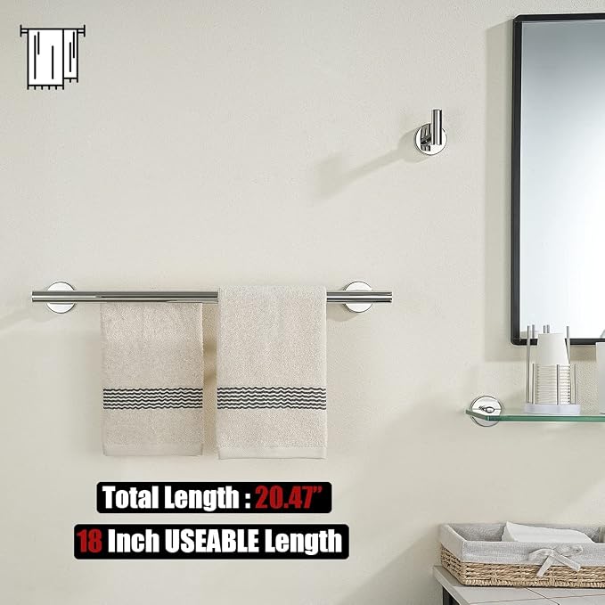 JQK Double Towel Bar Chrome, 20.5 Inch 304 Stainless Steel Thicken 0.8mm Towel Rack Bathroom, Towel Holder Polished Steel Wall Mount, Useable Length 18 Inch 2 Pack, TB100L18-CH-P2
