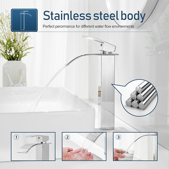 Chrome Vessel Sink Faucet Bathroom Faucets Tall Waterfall Bathroom Bowl Sink Faucet Rv Lavatory Faucet with Supply Hose