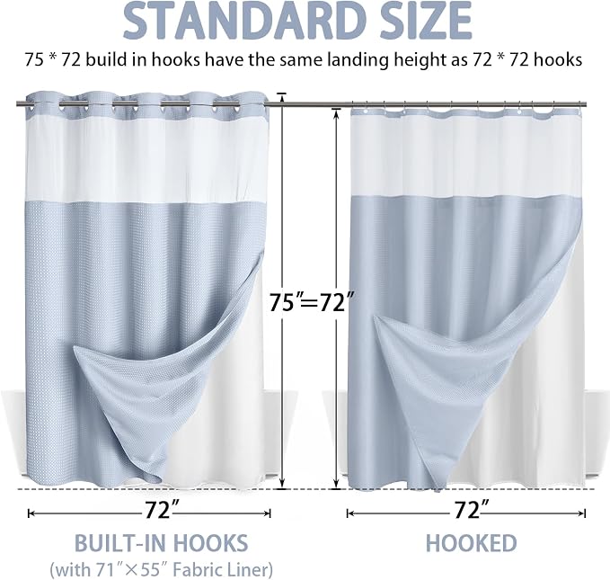 No Hook Shower Curtain and Liner Set,Mist Blue Hotel Waffle Shower Curtain with Liner 75" L x 72" W