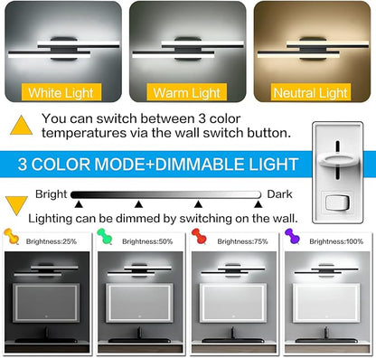 PRESDE LED Bathroom Vanity Light Modern Black 24 Inch LED Wall Lighting Fixture Over Mirror 3CCT