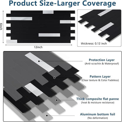 Yipscazo 40 Sheets Peel and Stick Stone Metal Backsplash, PVC Wall Tiles Stick on Tiles for Backsplash Kitchen, Bathroom, Fireplace (6'' X 12'', Black)