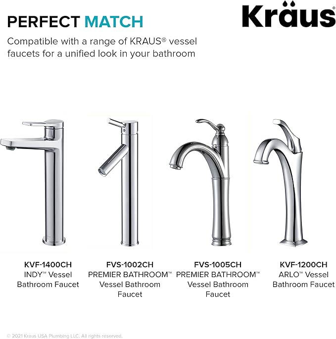 KRAUS Bathroom Sink Pop-Up Drain Assembly in Chrome for Vessel Sinks and Sinks without Overflow, with Extended Thread for Thicker Countertops, PU-L10CH