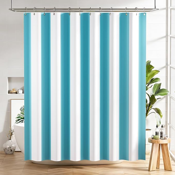 AmazerBath Blue Vertical Stripes Shower Curtain, Cute Blue Stripe Bathroom Shower Curtain with 12 Shower Curtain Hooks, Rustic Fabric Blue and White, 72x72 Inches