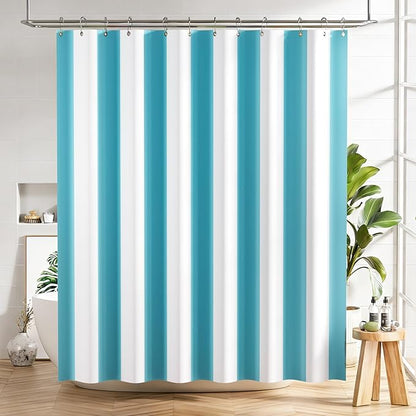 AmazerBath Blue Vertical Stripes Shower Curtain, Cute Blue Stripe Bathroom Shower Curtain with 12 Shower Curtain Hooks, Rustic Fabric Blue and White, 72x72 Inches