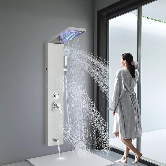 Shower Panel Wall Mount Shower Tower with Body Shower Jets LED Shower Head Rainfall Shower Panels System Stainless Steel Shower Faucet Set, Brushed Nickel