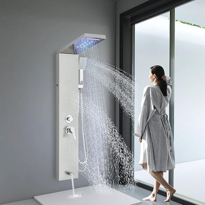 Shower Panel Wall Mount Shower Tower with Body Shower Jets LED Shower Head Rainfall Shower Panels System Stainless Steel Shower Faucet Set, Brushed Nickel