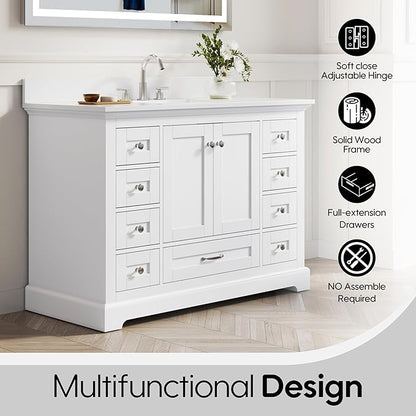 WELLFOR 48" Bathroom Vanity with Sink, Bathroom Freestanding Vanity W/ 2 Soft-Close Doors and 9 Soft-Close Drawers, Bathroom Cabinet Vanity with Engineered Stone Countertop, White