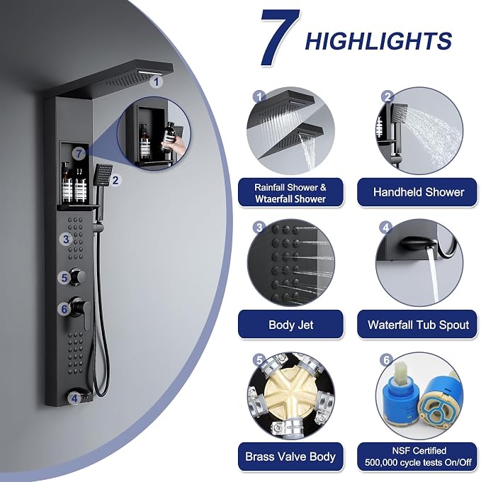 5 in 1 Rainfall Waterfall Shower Panel Tower with Shelf, Matte Black | Stainless Steel Shower Column with Powerful Body Jets, Flexible Handheld Shower and Tub Spout