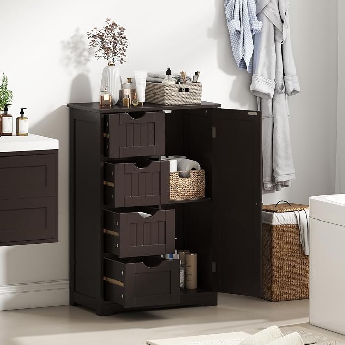 Giantex Bathroom Storage Cabinet with Drawers - 4 Drawer Storage Organizer w/Cupboard, Adjustable Shelf, Anti-Toppling Device, Entryway Storage Unit Console Table, Bathroom Floor Cabinet (Brown)