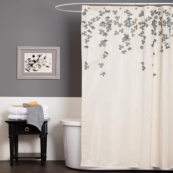 Lush Decor Flower Drops Shower Curtain Single 72" W x 72" L Ivory & Blue - Fabric Shower Curtains for Bathroom - Floral Bathroom Curtain -Bathroom Decor
